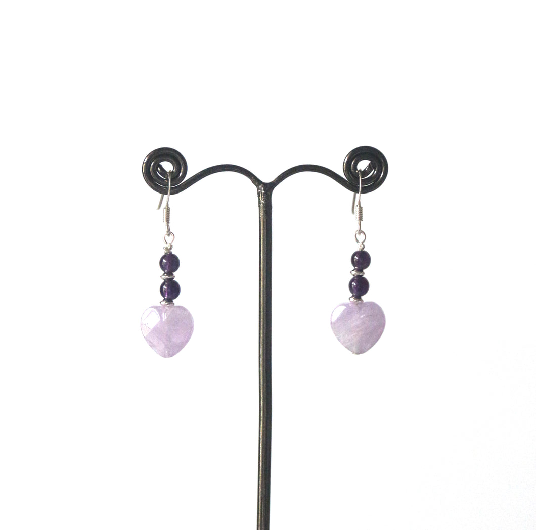 Purple Earrings with Facetted Light Amethyst Heart and Sterling Silver