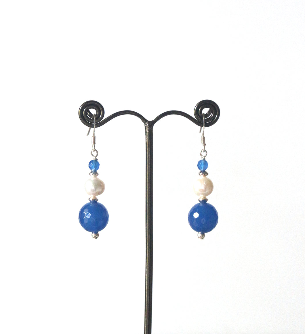 Blue Earrings with Blue Agate Pearls and Sterling Silver