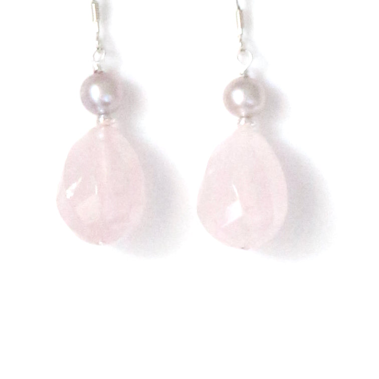 Pink Earrings with Facetted Teardrop Rose Quartz Natural Pink Pearl and Sterling Silver