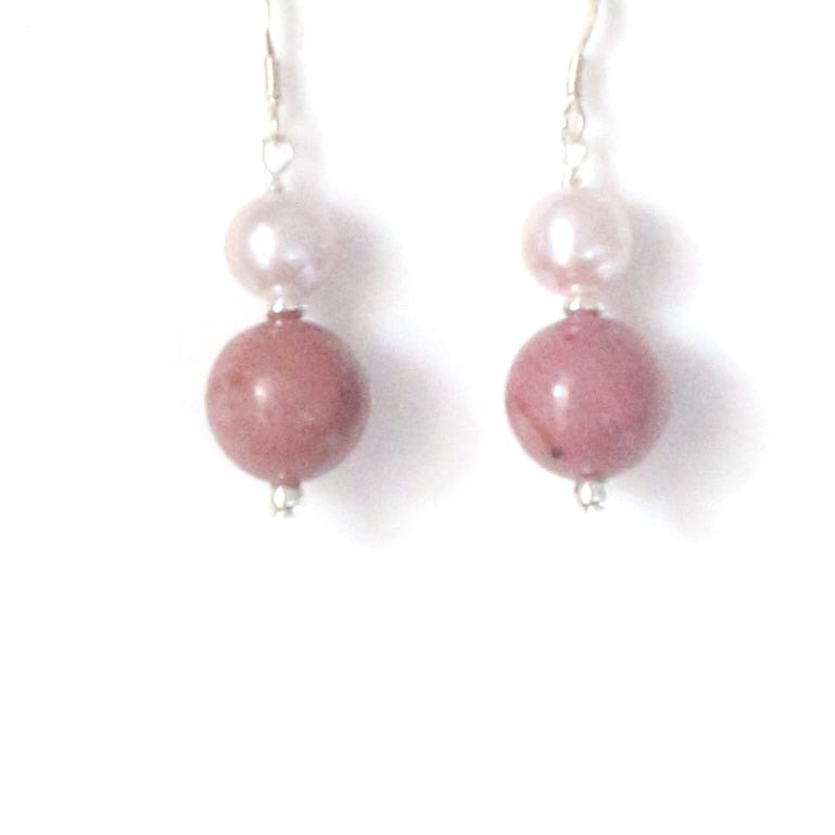 Pink Rhodonite Pink Natural Colour Pearl and Sterling Silver Earrings