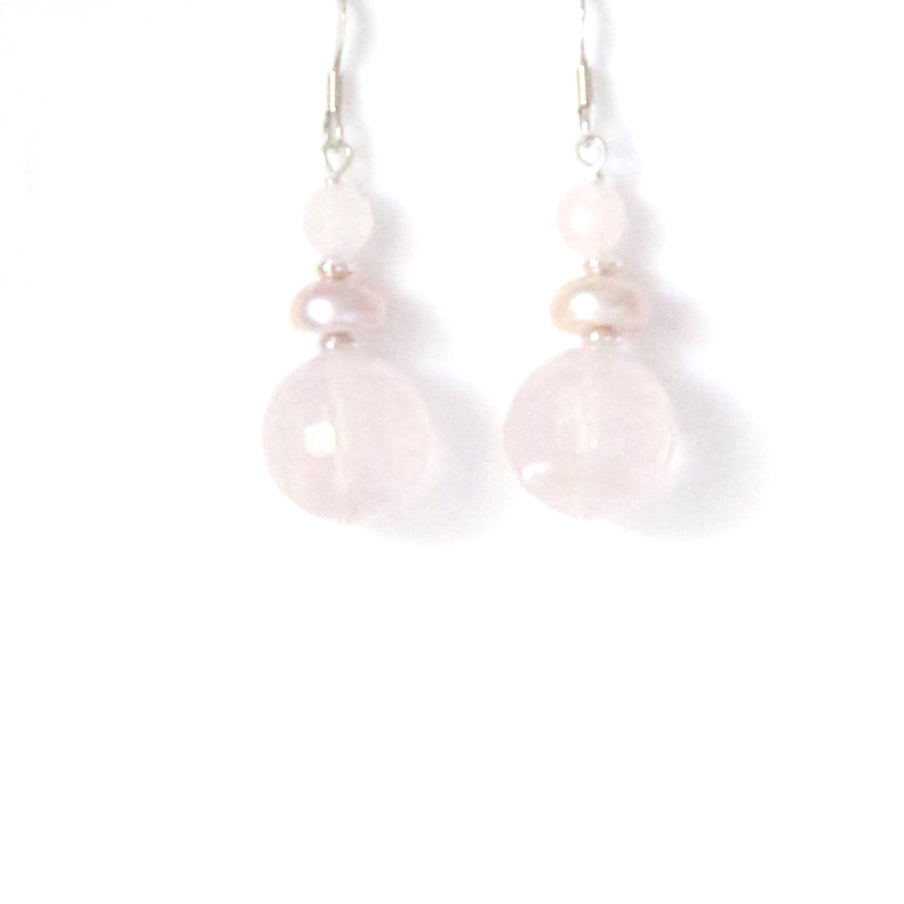 Pink Rose Quartz Facetted Beads with Pearl and Sterling Silver Earrings
