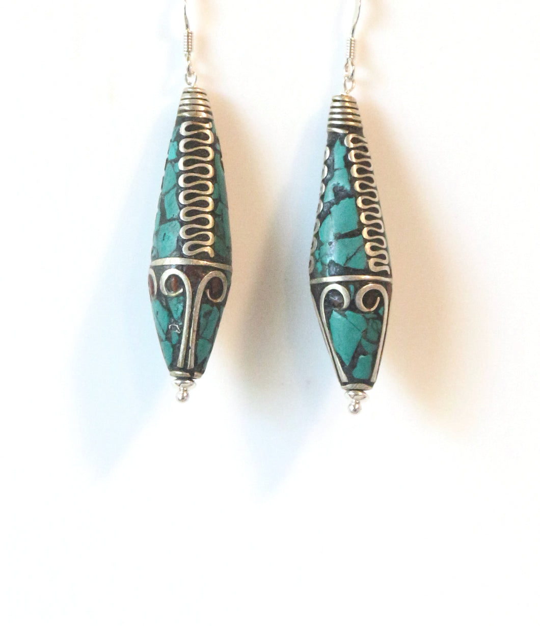 Nepalese Bead Earrings with Turquoise and Sterling Silver