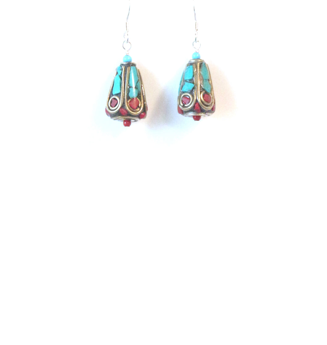Nepalese Bead Earrings with Turquoise Coral and Sterling Silver